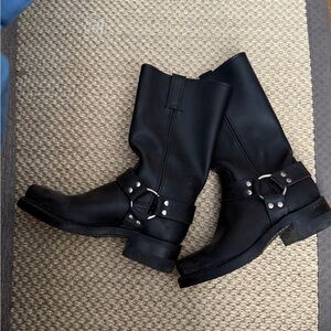 Frye Black and Silver Combat Moto Boots with Harness Detail